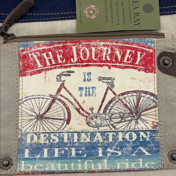 Clea Ray Canvas Satchel Recycled Military Tent with Bicycle Print NWT - Picture 2 of 14